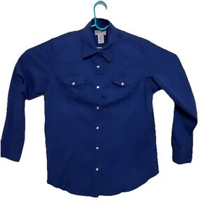 Wrangler‎ Wrancher  Size L Pearl Snap Shirt Women Navy Blue  Western Long Sleeve